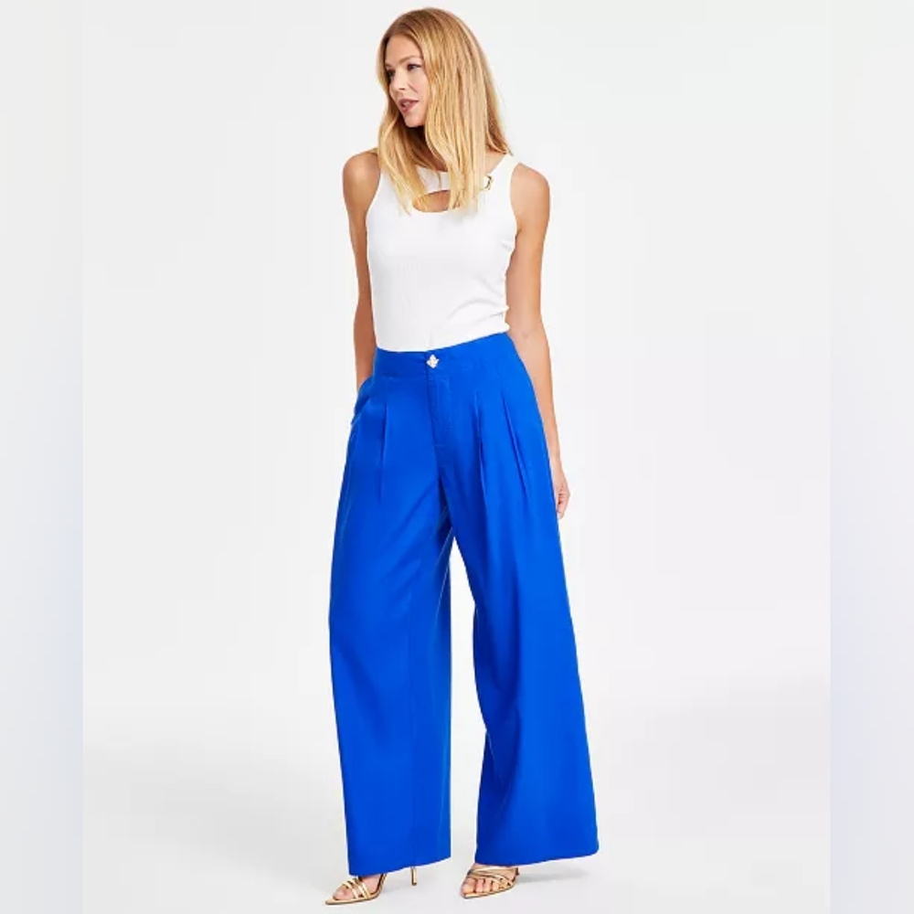 I.N.C Women's Pleated Wide-Leg High Rise Linen Pants Size 14